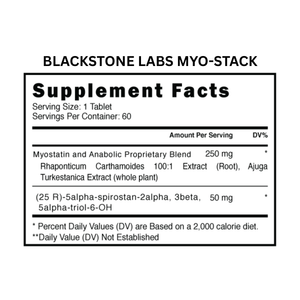 Supplement facts label for Blackstone Labs MYO-STACK on a white background