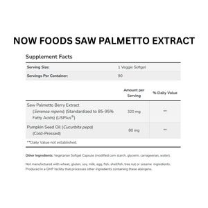 Supplement facts label for NOW Foods Saw Palmetto Extract on a white background