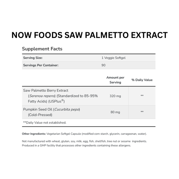 Supplement facts label for NOW Foods Saw Palmetto Extract on a white background