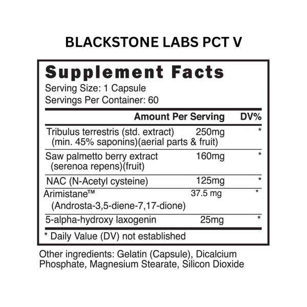 Blackstone Labs PCT-V Supplement Facts on a white background.