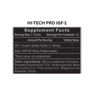 Supplement facts label for HI-TECH PRO IGF-1 on a white background