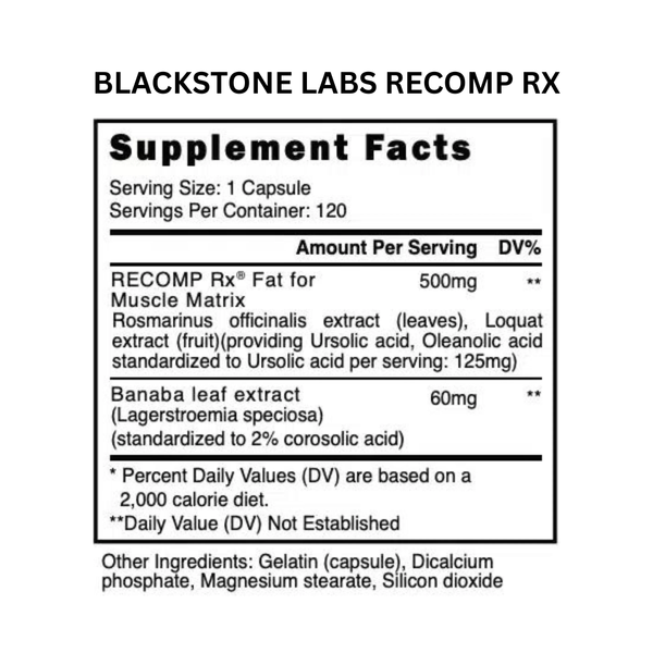 Supplement facts label for Blackstone Labs Recomp RX on a white background