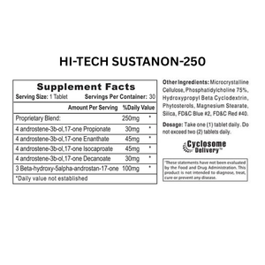 Supplement label for Hi-Tech Sustanon-250 on a white background