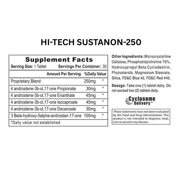 Supplement label for Hi-Tech Sustanon-250 on a white background