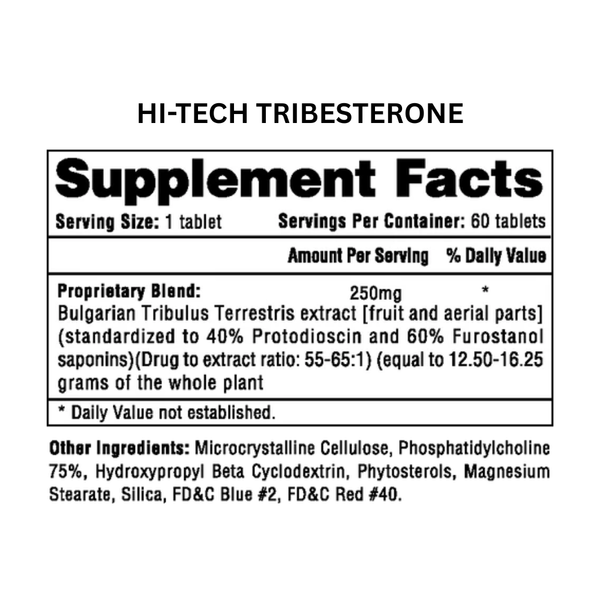 Hi-Tech Pharmaceuticals Tribesterone Supplement Facts on a white background.