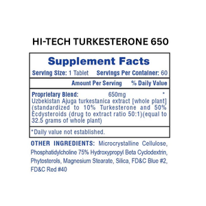 Supplement label for Hi-Tech Turkesterone 650 on a white background