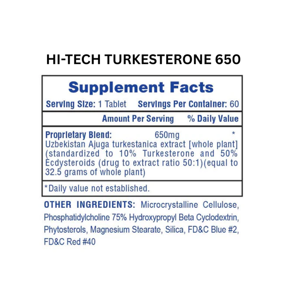 Supplement label for Hi-Tech Turkesterone 650 on a white background