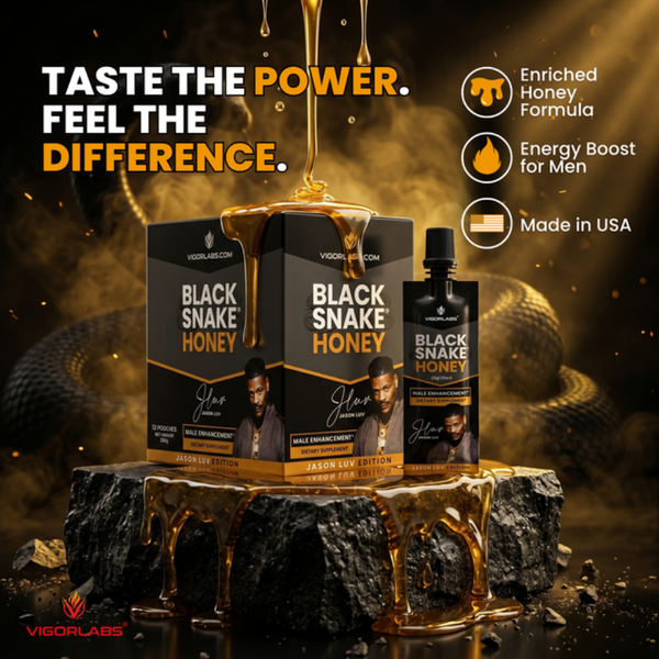 Vigil Labs Black Snake Honey flavor packaging, including two boxes and one bottle, displayed on a dark stone pedestal with dripping honey against a dramatic golden background with a snake and text callouts.