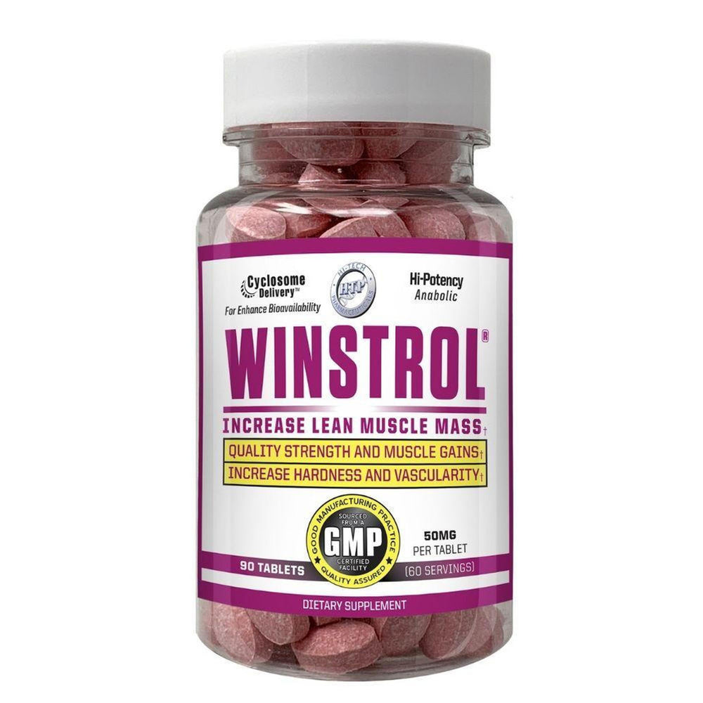 Bottle of Winstrol dietary supplement with pink tablets on a white background