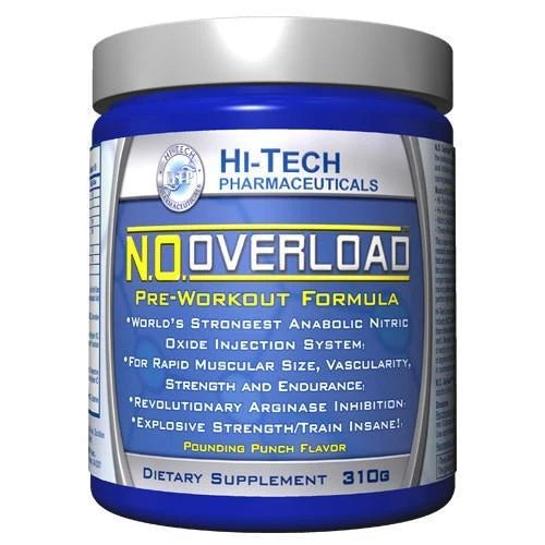 Hi-Tech Pharmaceuticals NO Overload pre-workout supplement container on a white background